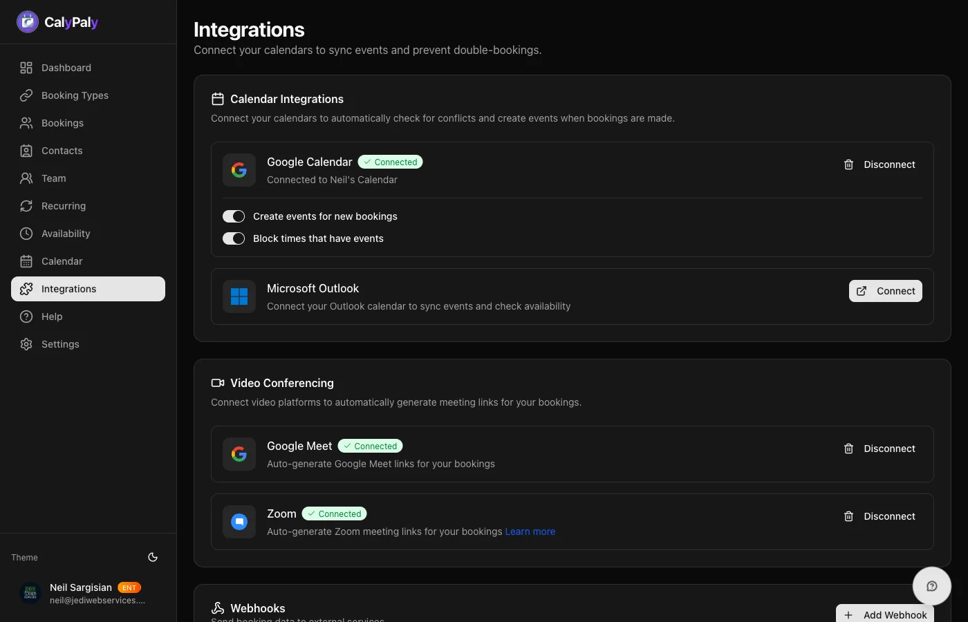 CalyPaly integrations connecting Google Calendar, iCloud Calendar, Zoom, Stripe, and PayPal with one-click setup