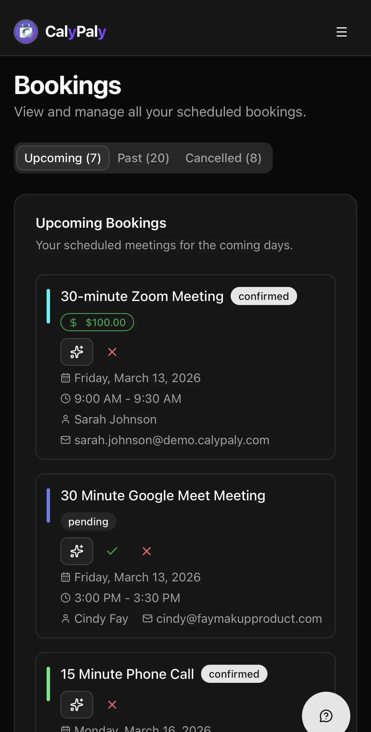 CalyPaly mobile bookings — track upcoming client appointments from your phone