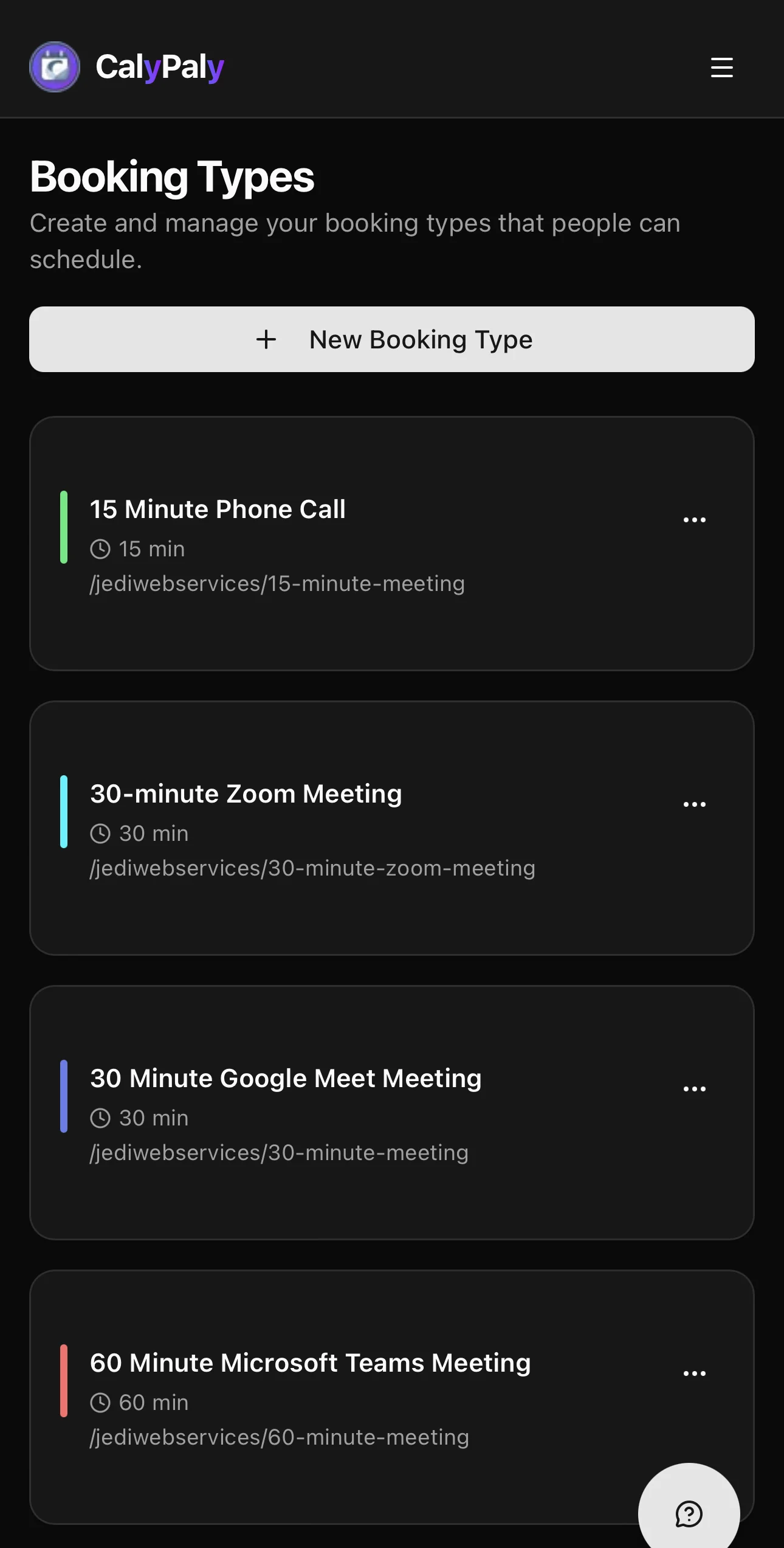 CalyPaly mobile booking types — create and manage your scheduling link types