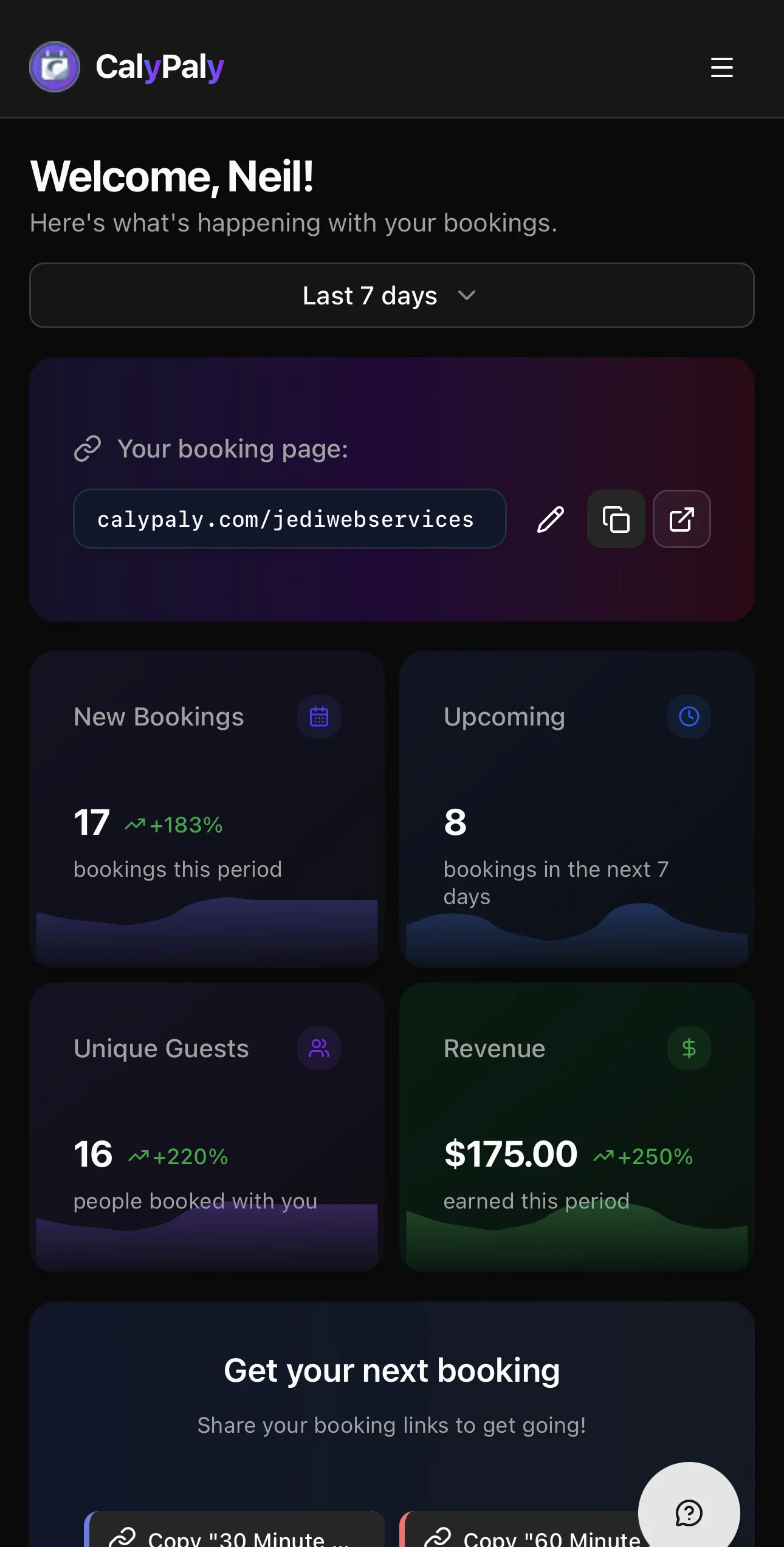 CalyPaly mobile dashboard — manage bookings and track revenue from any smartphone
