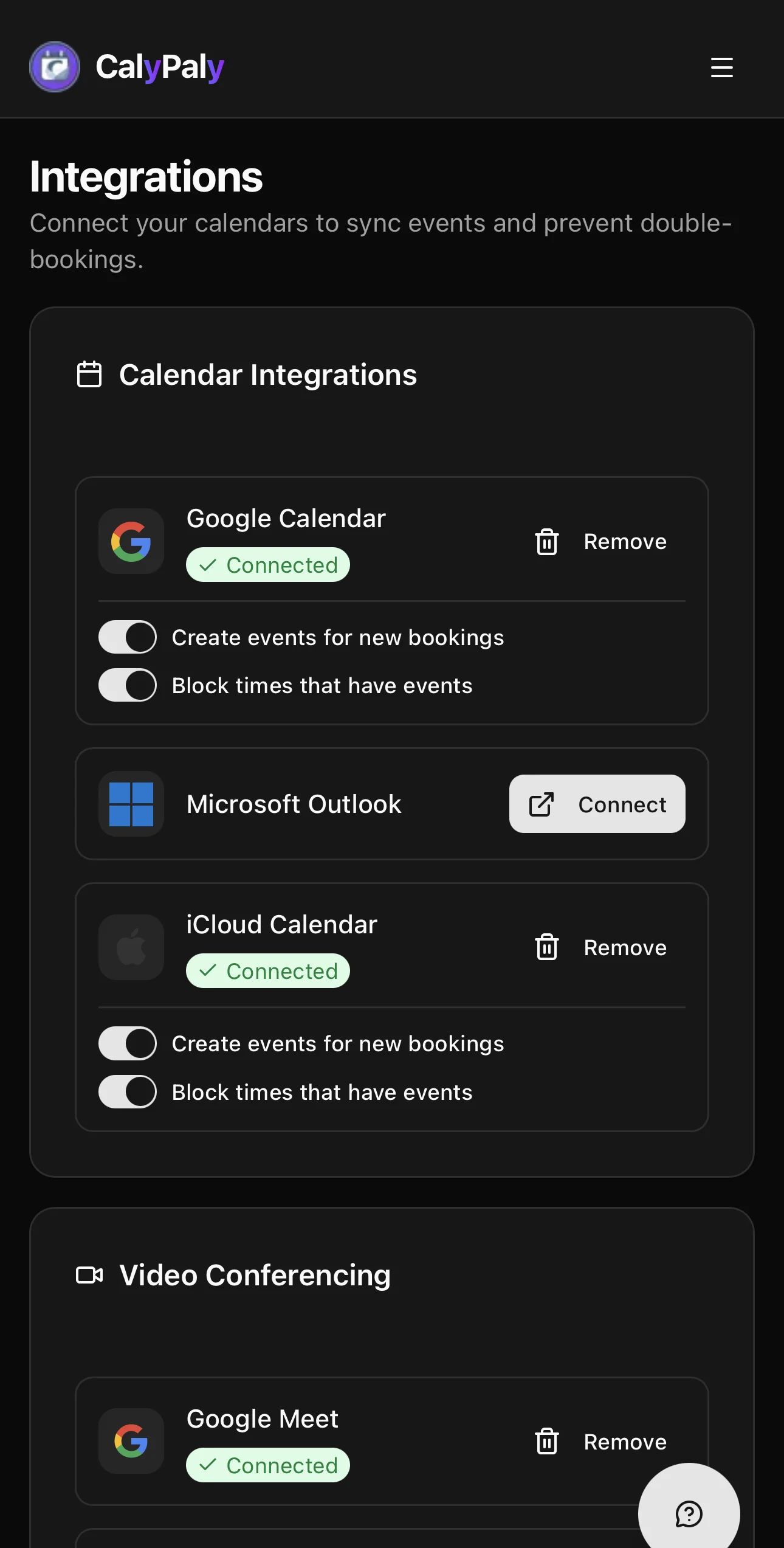 CalyPaly mobile integrations — connect Google Calendar, Microsoft Outlook, and iCloud Calendar