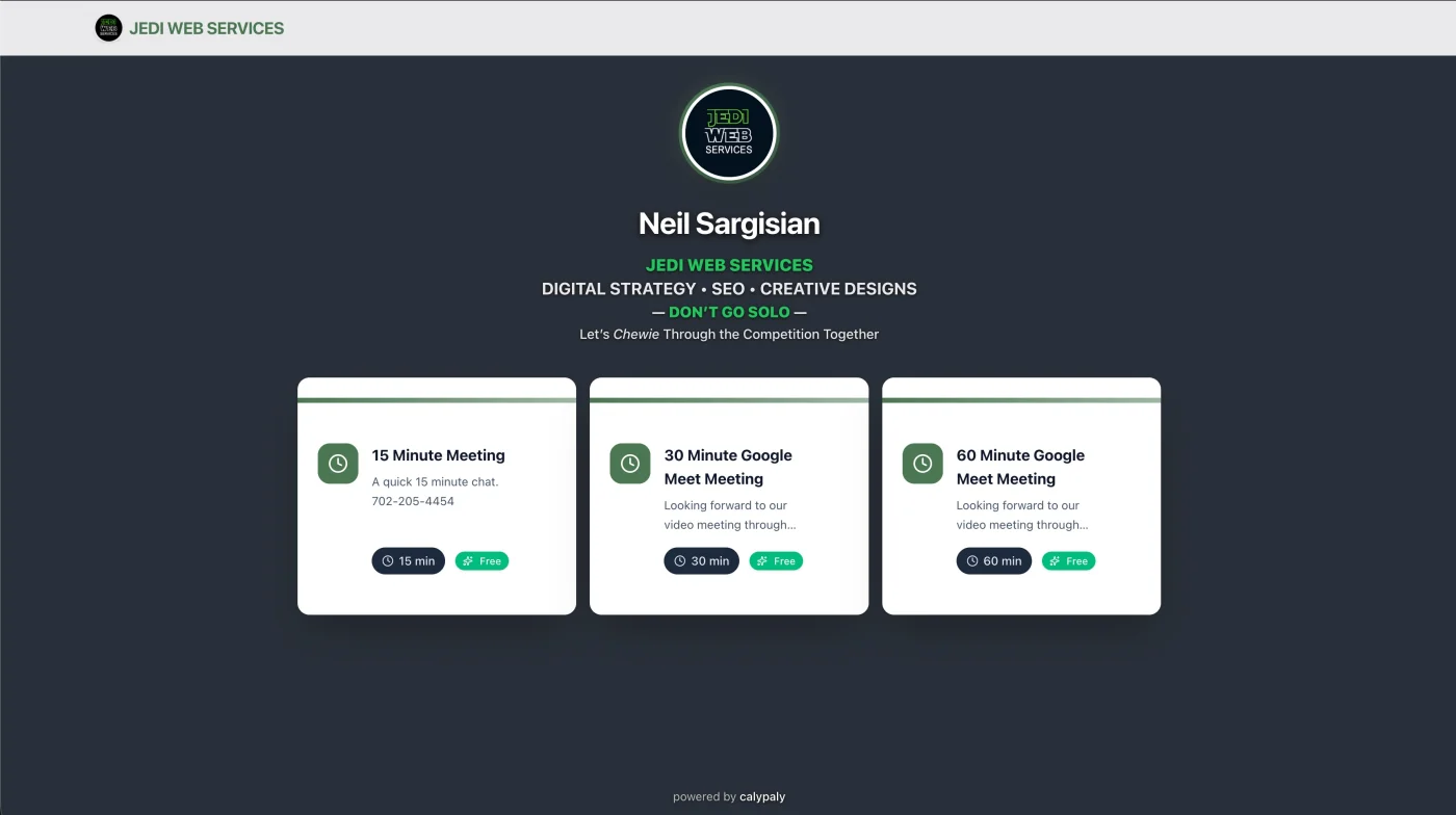 CalyPaly Pro custom branded booking page with dark theme, company logo, personalized colors, and welcome message