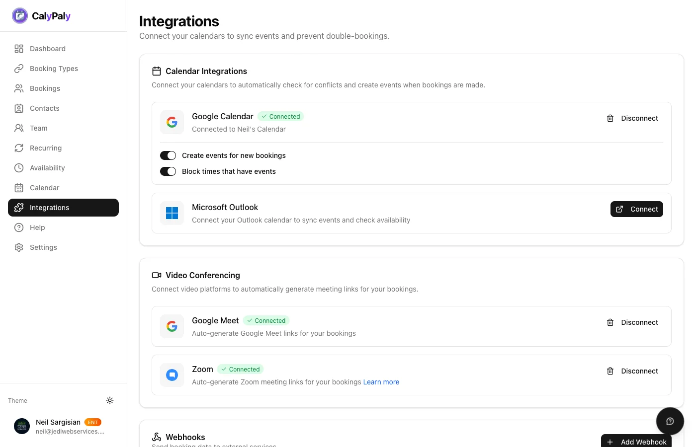 CalyPaly integrations connecting Google Calendar, iCloud Calendar, Zoom, Stripe, and PayPal with one-click setup