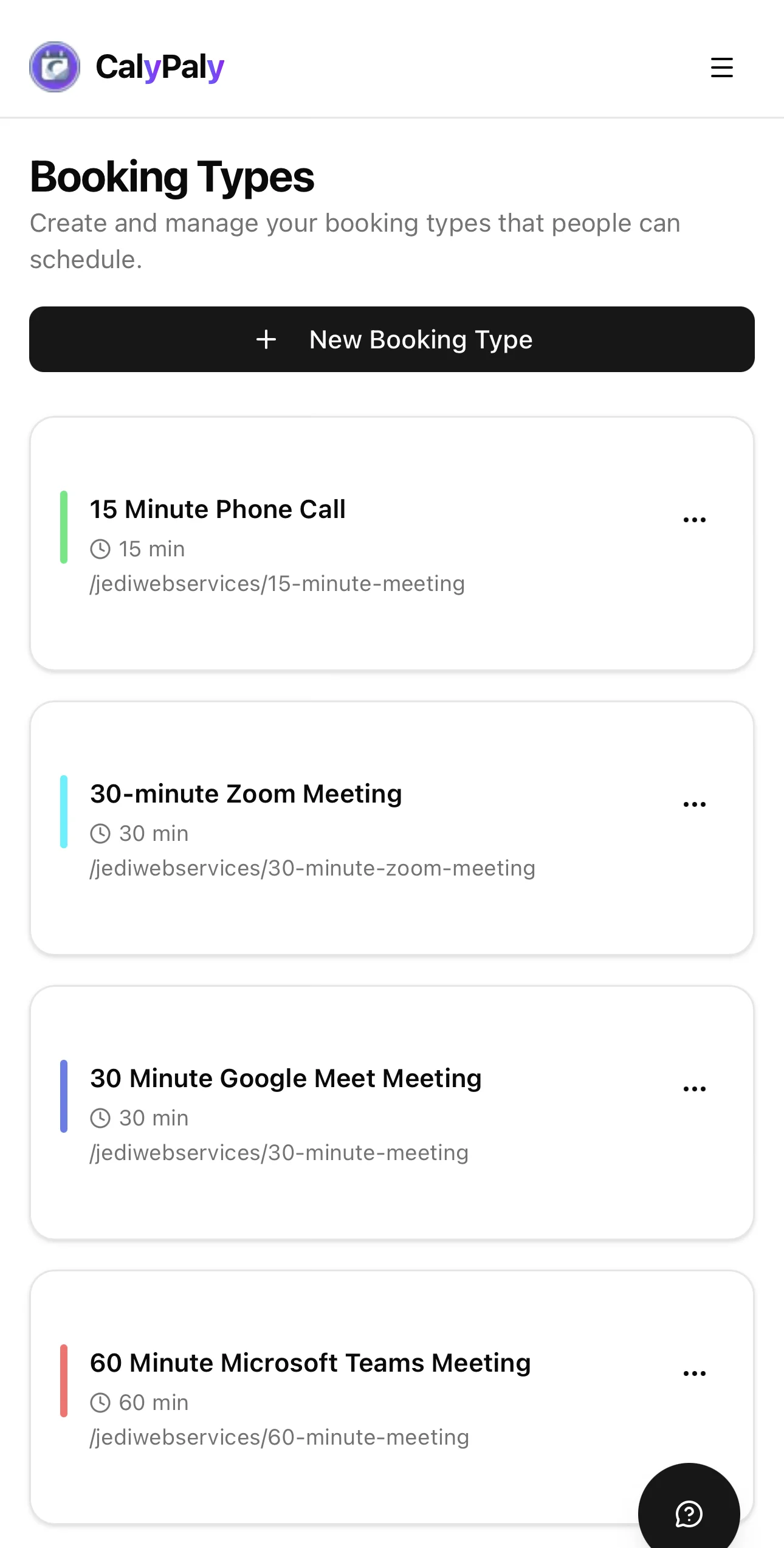 CalyPaly mobile booking types — create and manage your scheduling link types