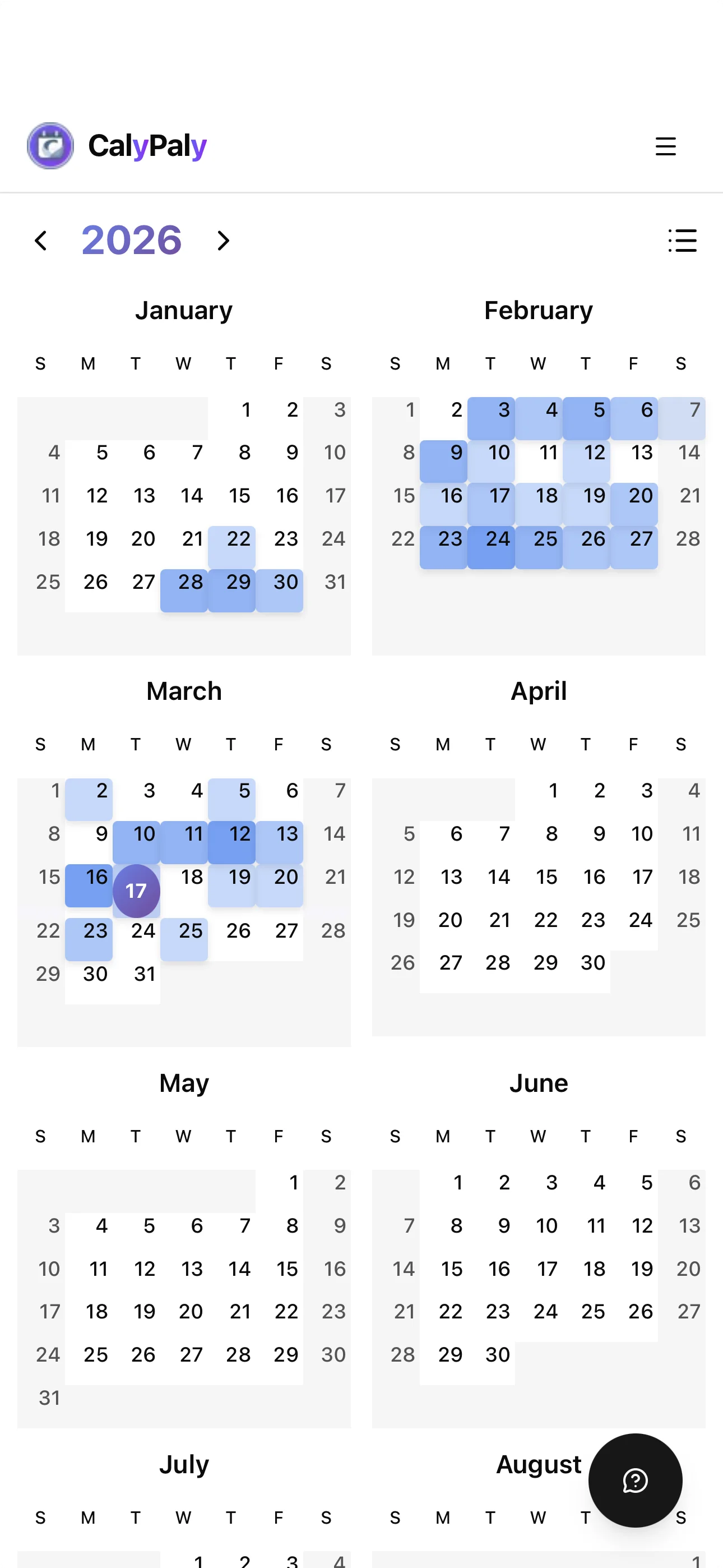 CalyPaly mobile calendar year view — see your full year of bookings at a glance