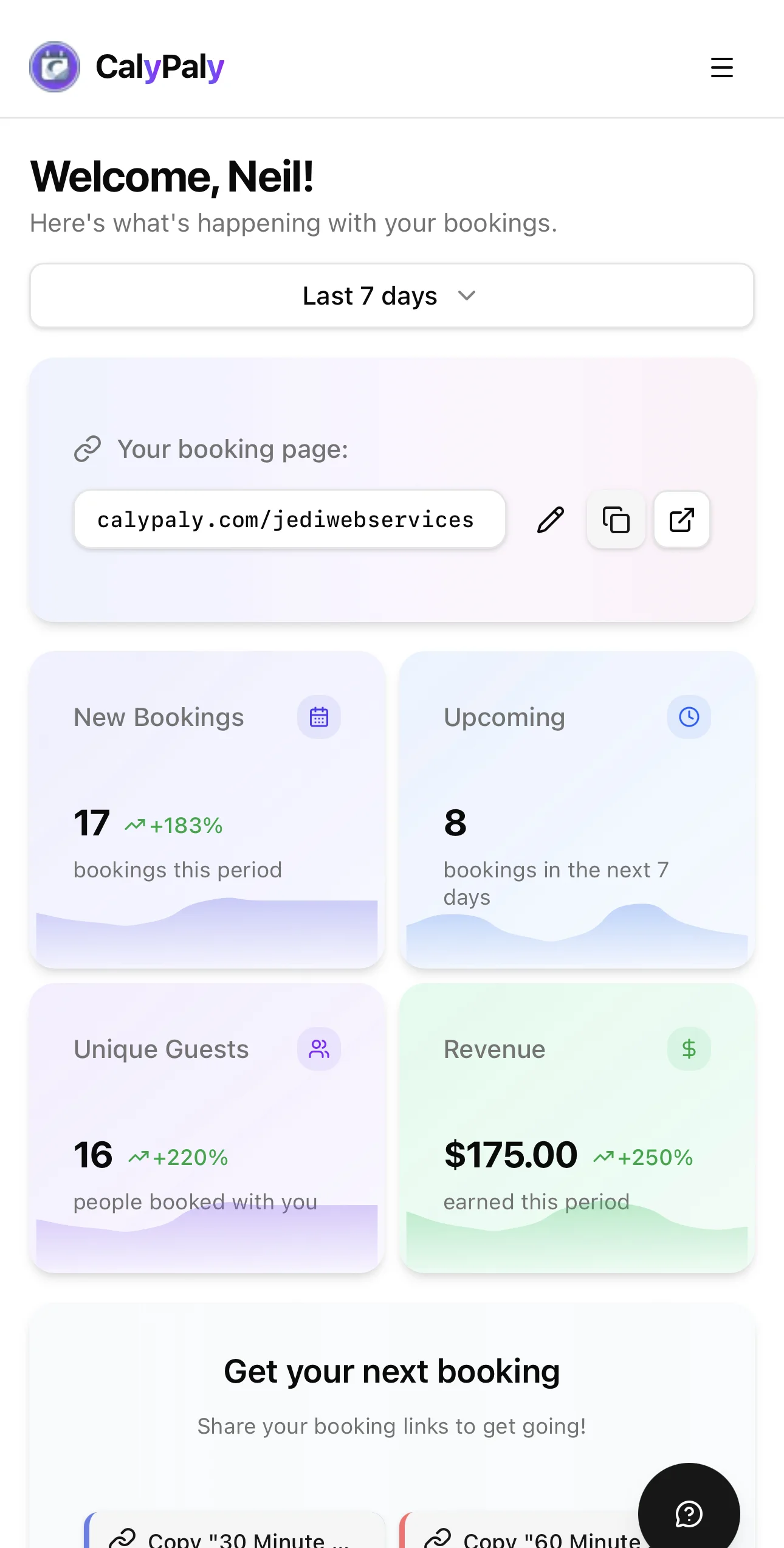 CalyPaly mobile dashboard — manage bookings and track revenue from any smartphone