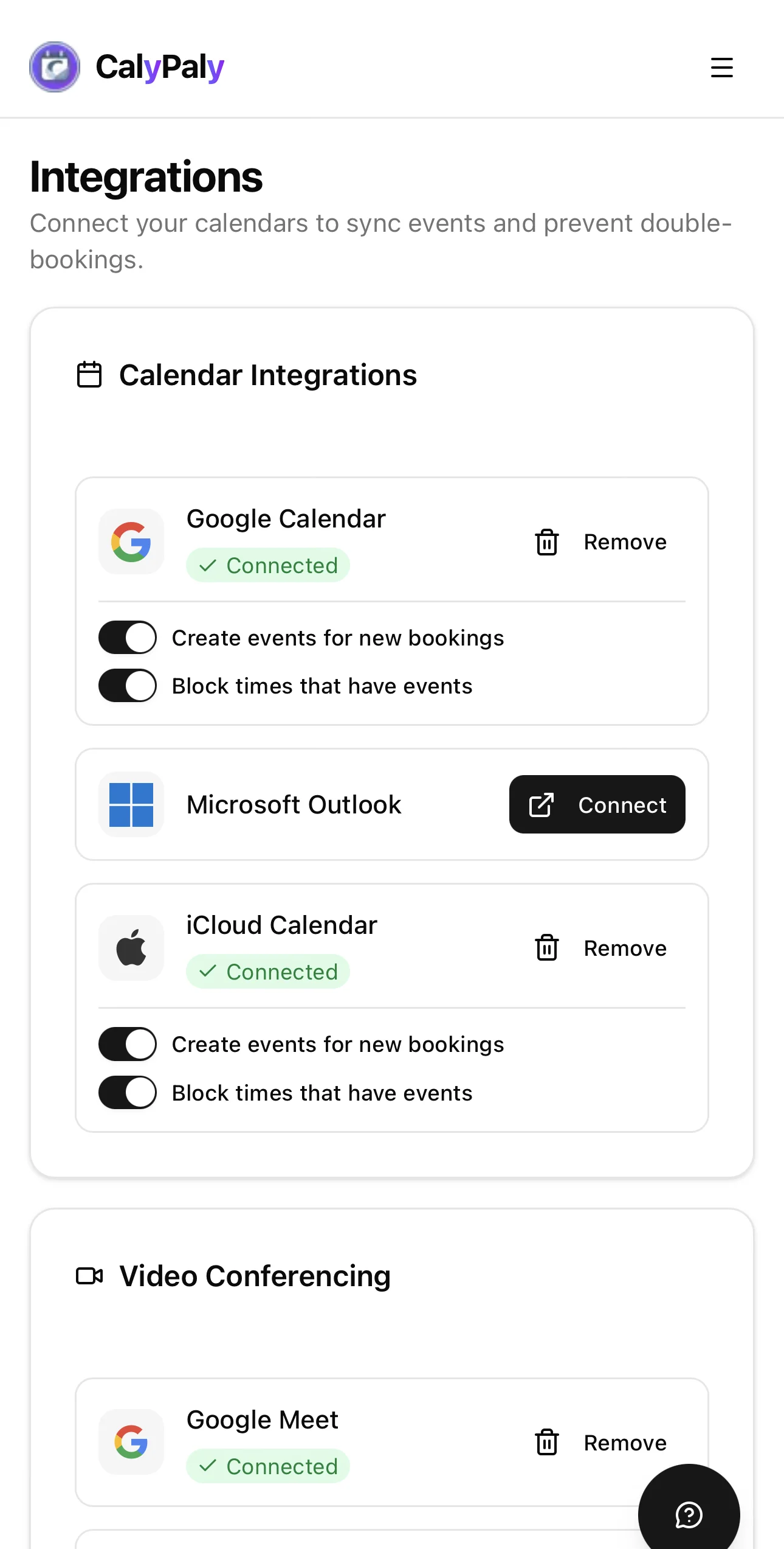 CalyPaly mobile integrations — connect Google Calendar, Microsoft Outlook, and iCloud Calendar