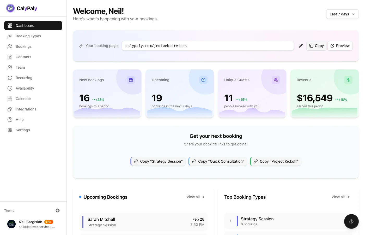 CalyPaly scheduling dashboard with booking analytics, revenue tracking, and upcoming appointments overview